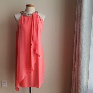 Vince Camuto Evening Dress, Jeweled Halter, Guava Pink, Size 12